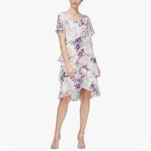 NWT SLNY S.L. Fashions Floral Print Capelet Tiered Dress W/ Rhinestone Applique